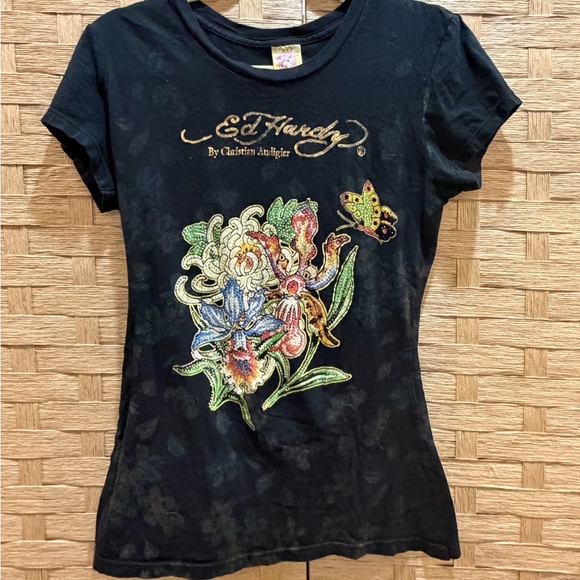 Ed Hardy Y2K 2000s Rhinestone Black Graphic Tee Size Small - Picture 2 of 7